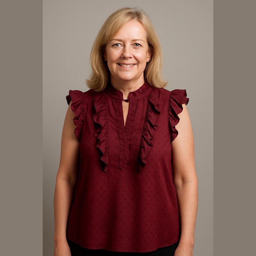 LOFT Red Mandarin Collar Ruffled Blouse